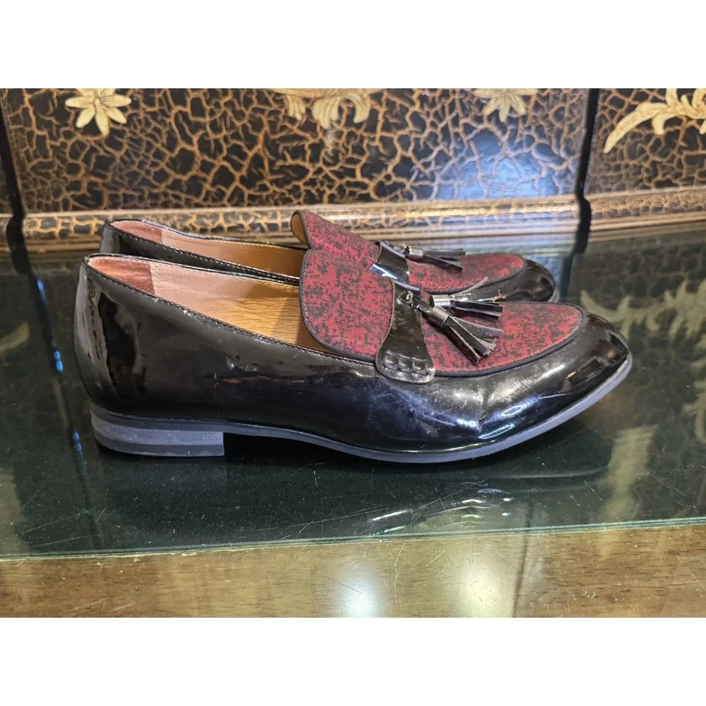 Jitai Mens 9 Black Red Shiny Faux Patent Leather Slide On Tassel Loafer Shoes